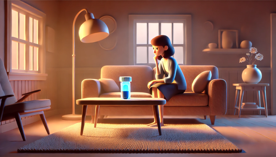 A calm living room where a person contemplates a glowing blue pill bottle on a coffee table, symbolizing the potential risks and decisions surrounding Ritalin use and substance use disorders.