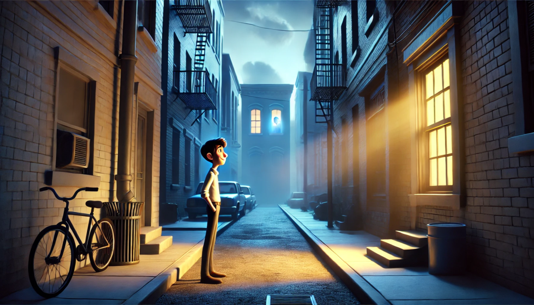A character standing in a quiet urban alley, noticing a flicker of blue light in a nearby window, representing the subtle environmental factors that influence Ritalin misuse.