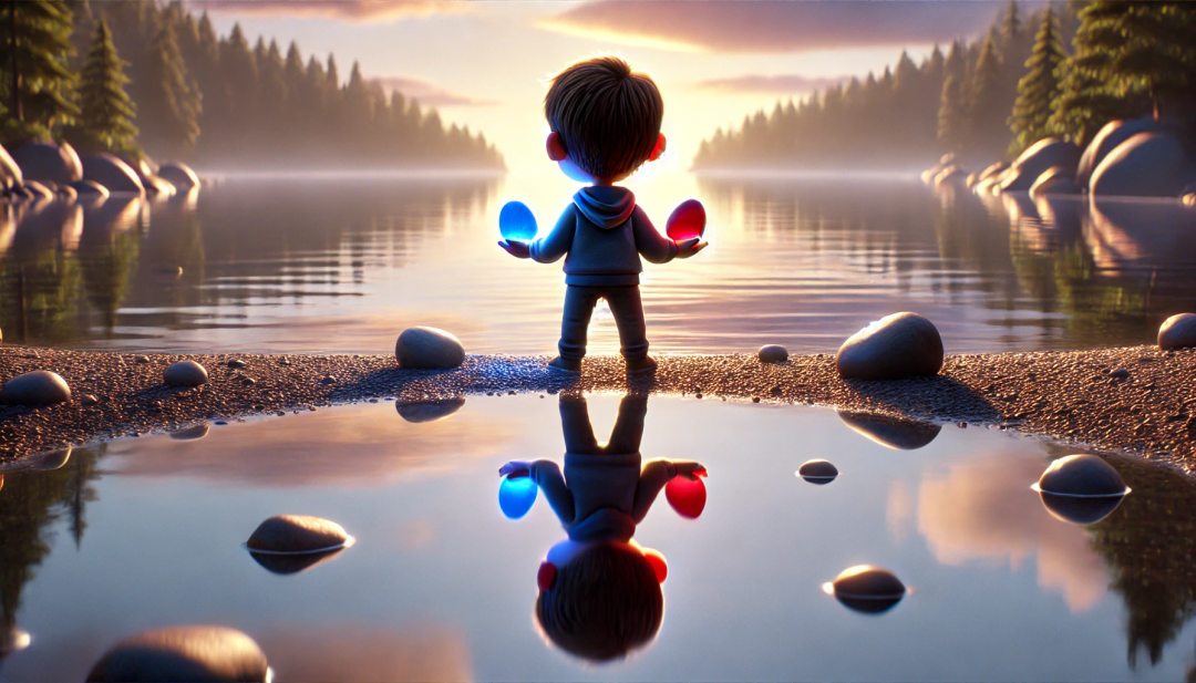 A person standing at the edge of a calm lake, holding a pebble in each hand, one glowing blue and the other red, contemplating their choices. The reflection in the water shows a serene landscape, representing the contrasting effects of Ritalin and cocaine.