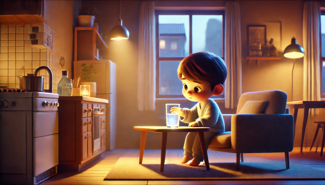 A young character in a cozy, modern apartment, examining a glass of water that subtly glows with blue light, symbolizing the subtle effects of Ritalin on brain chemistry in everyday life.