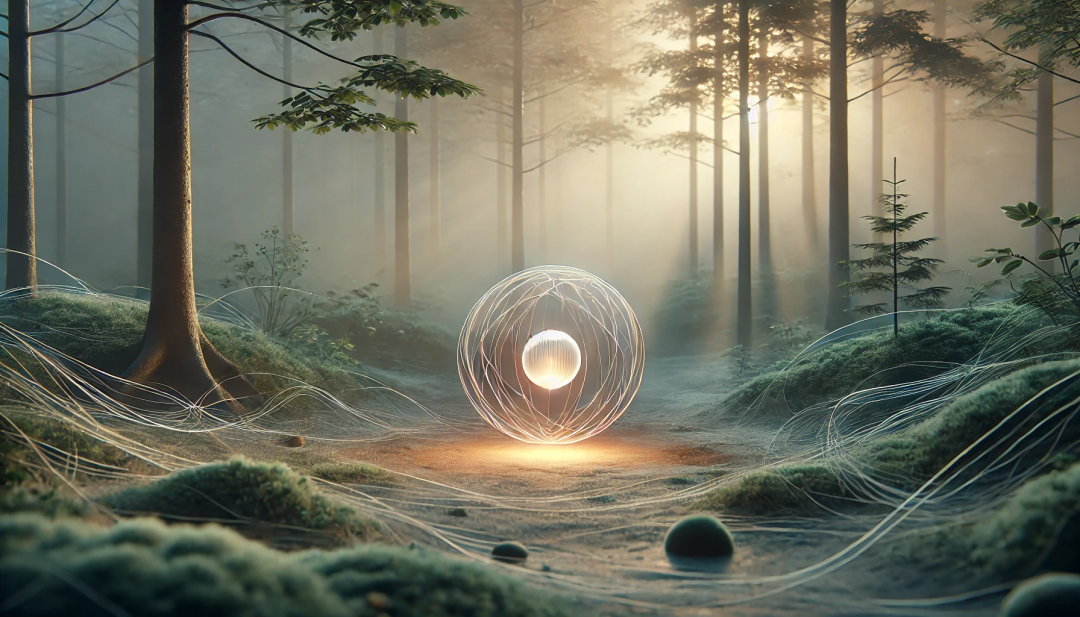 An orb hovering in a forest, twilight