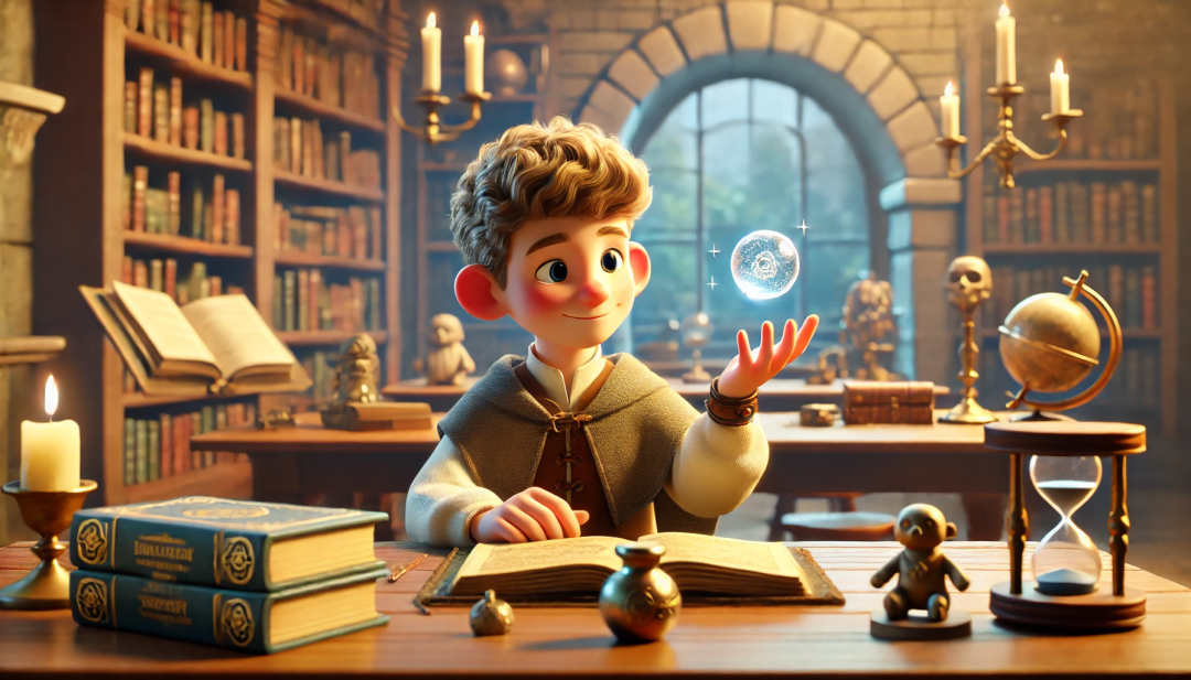 A fantasy-themed classroom where a young wizard is sitting at a desk, a small, shimmering orb hovering above his hand. The room is filled with gentle, ambient light, and the background shows ancient tomes and mystical artifacts on shelves, suggesting the interplay between learning and focus.