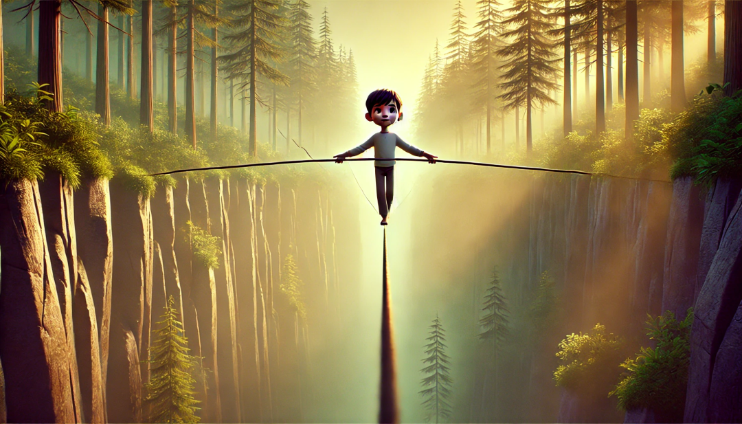 A young character standing on a tightrope stretched across a dark, mysterious canyon, balancing carefully. The tightrope symbolizes the thin line between neurological stability and risk, with the child focused on maintaining balance.