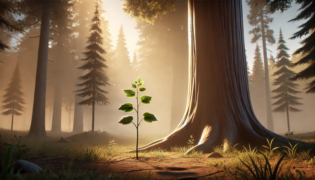 A young tree sapling growing slowly in a peaceful, sunlit forest. The sapling appears slightly smaller than others around it, with a subtle aura of hope and resilience. An older, larger tree nearby seems to watch over it protectively, symbolizing the potential for growth.