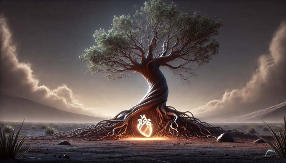 a glowing heart inside a tree