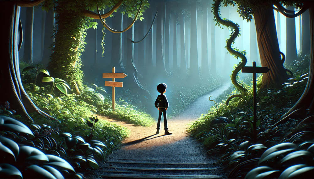 a boy at a crossroads