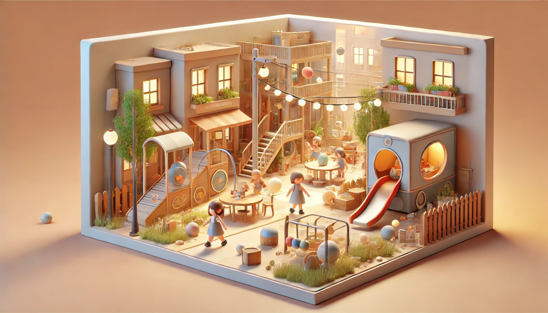 In a charming, slightly futuristic playground, a character is seen interacting with animated, playful elements that represent social skills. The playground has an inviting, warm atmosphere.