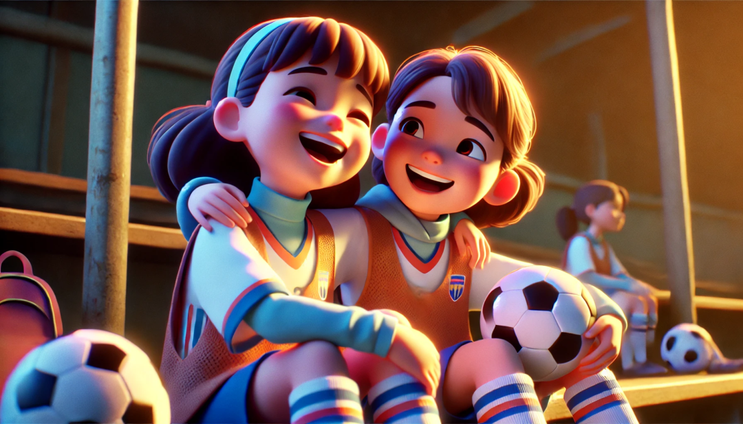 Two girls in soccer gear, sitting on the sidelines with their arms around each other, laughing. A gentle, warm light surrounds them, representing the positive effects on their social connection. The scene is simple, with just a hint of the soccer field in the background.