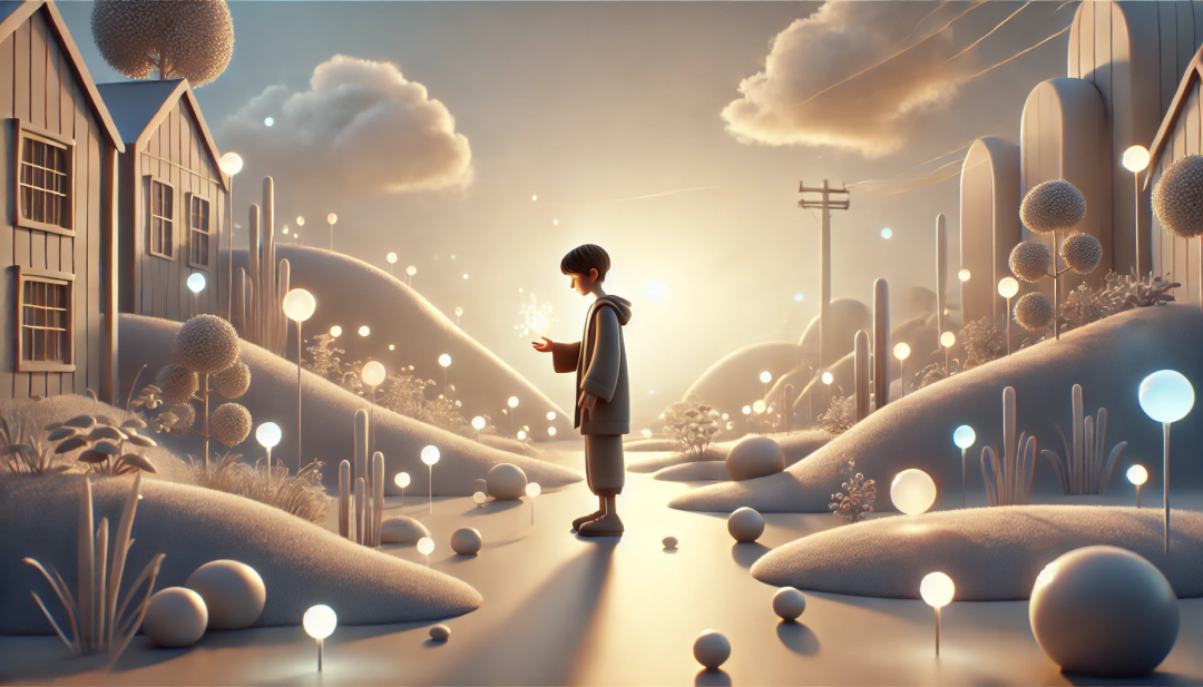 A character walking through a serene, ethereal landscape with subtle, glowing highlights on paths representing dopamine and norepinephrine signals. The landscape represents the enhancement of social interactions.