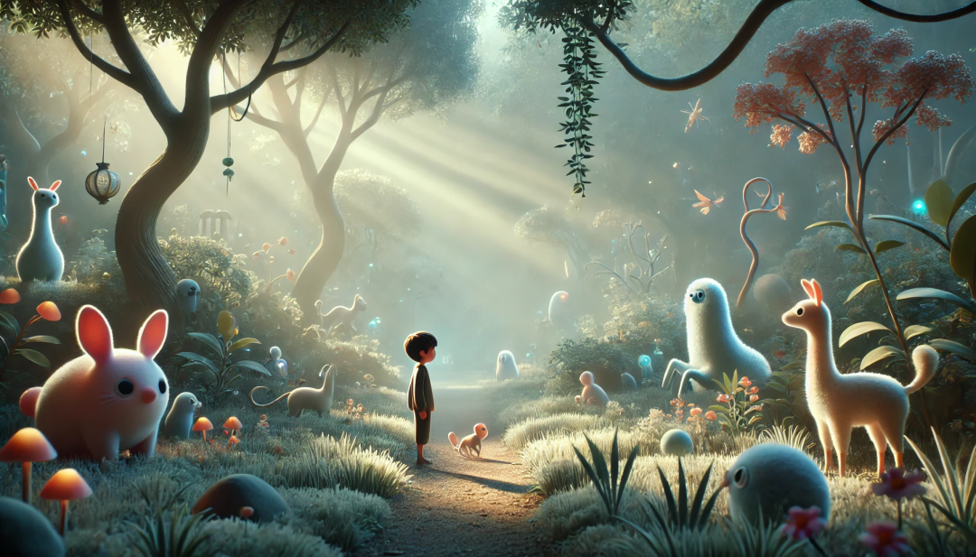 An enchanted garden where a character is interacting with fantastical creatures that represent social cues. The scene is calm, with gentle lighting highlighting the character's focus and connection.