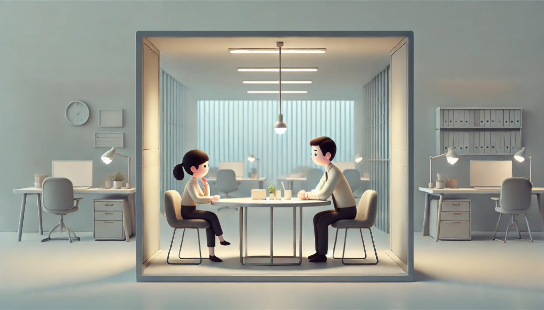 In a modern office setting, two colleagues are sitting at a round table, leaning slightly towards each other as they engage in a quiet conversation. The background shows a few desks and soft, ambient lighting, creating a calm and professional atmosphere.