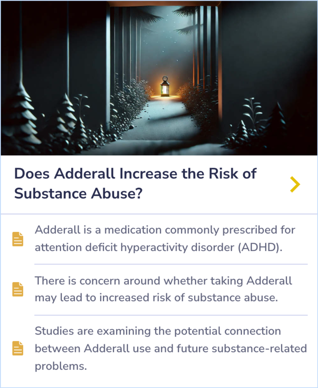 Summary Card exploring Adderall's potential connection to substance abuse risks, highlighting studies on ADHD medication and future substance use issues.