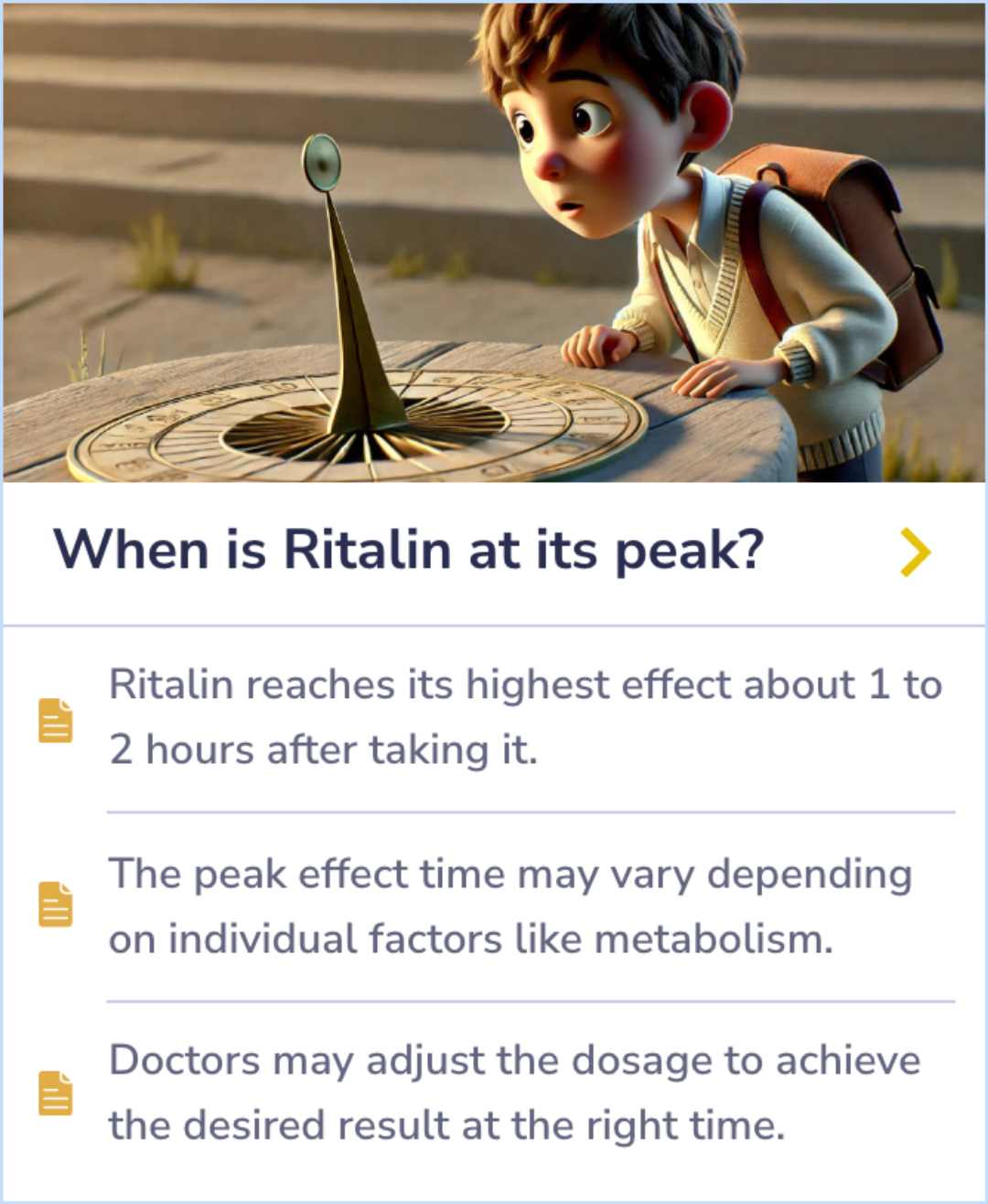 Summary Card on how timing impacts Ritalin's peak effect and dose adjustments for effectiveness.