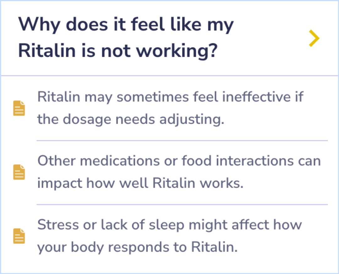Summary Card on factors that may reduce Ritalin's effectiveness, including dosage, interactions with food or other medications, and lifestyle factors like stress and sleep.