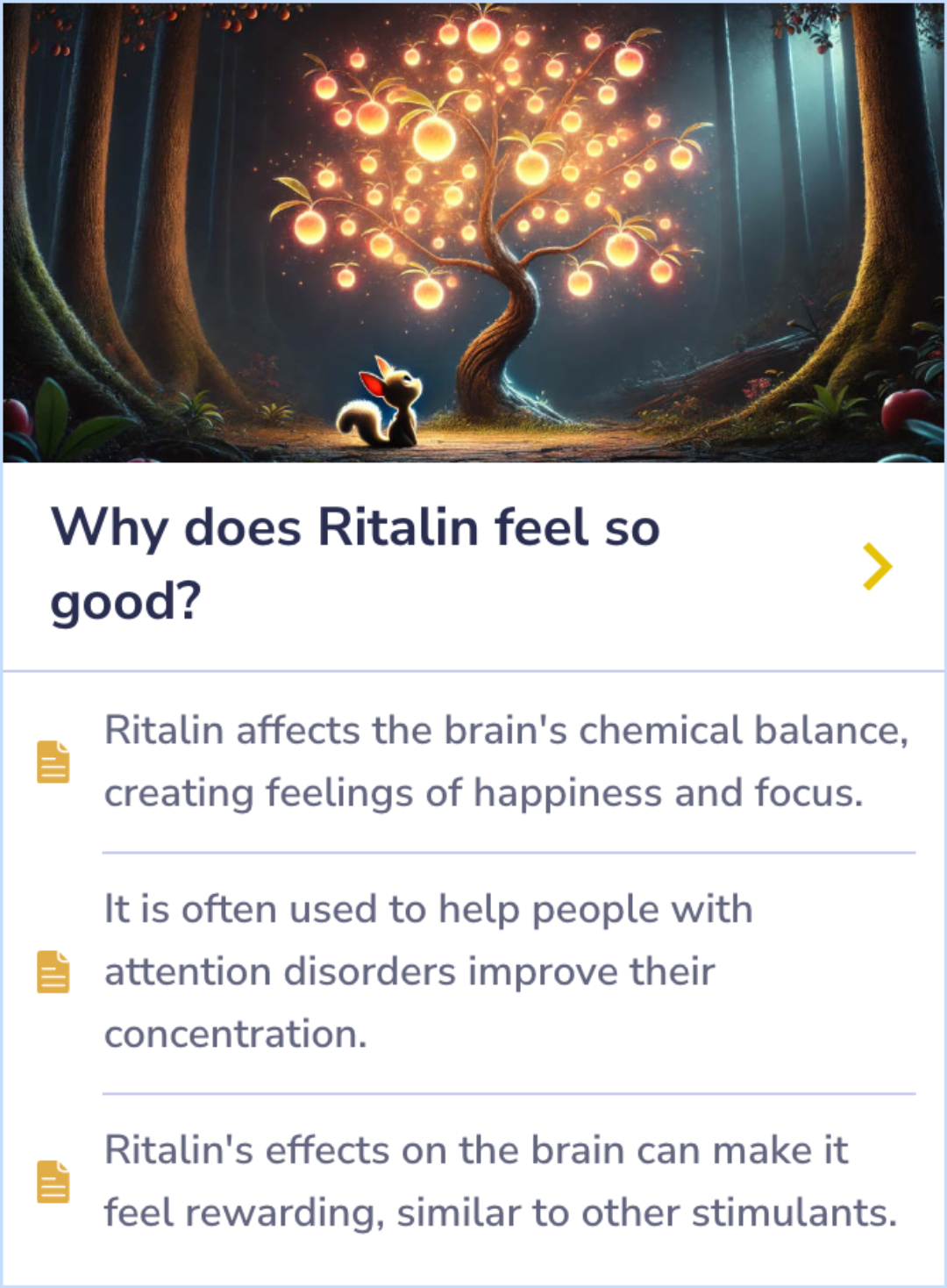 Summary Card explaining how Ritalin enhances focus and creates a rewarding sensation, helpful for managing attention disorders.