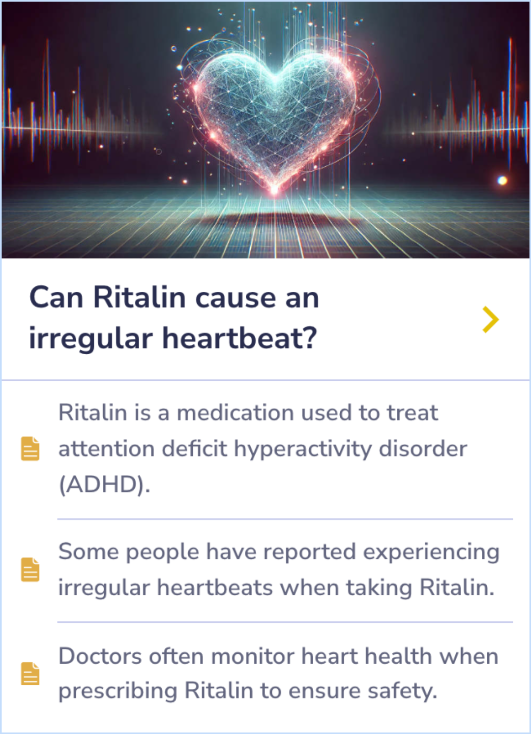 Summary Card discussing the link between Ritalin and irregular heartbeats in some patients, emphasizing the importance of heart health monitoring.