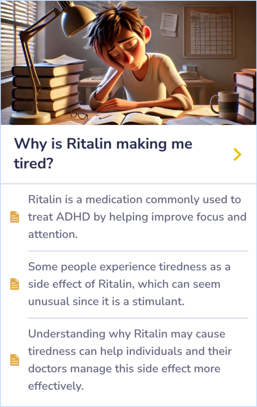 Summary Card on Ritalin's unexpected tiredness as a side effect in ADHD treatment, detailing its stimulant role and potential fatigue in users.