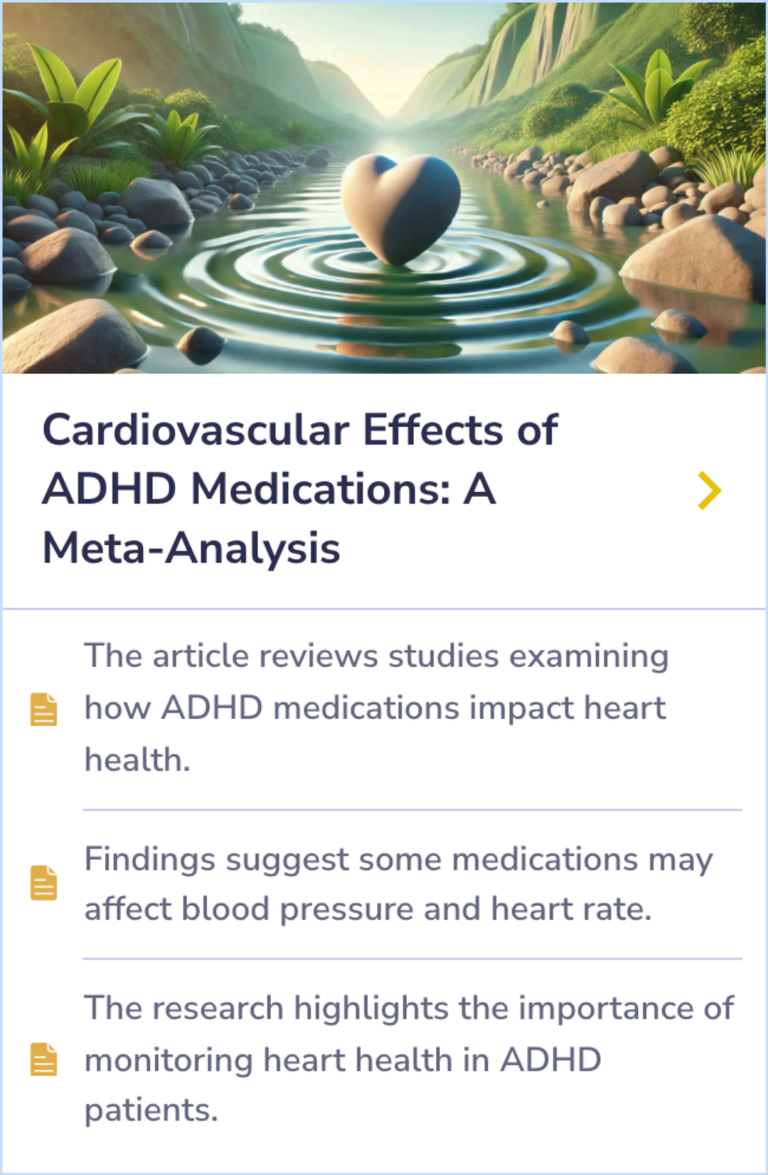Summary Card on the impact of ADHD medications on heart health, focusing on blood pressure and heart rate changes and the need for cardiovascular monitoring.