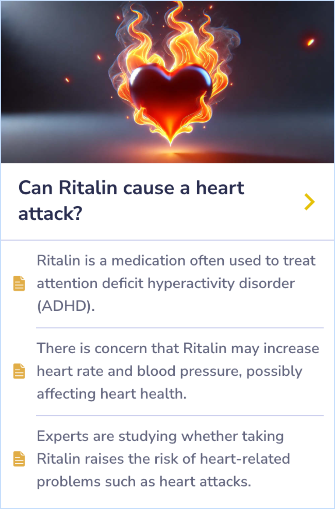 Summary card highlighting Ritalin's effects on heart rate and blood pressure, with ongoing research into its potential links to heart problems.