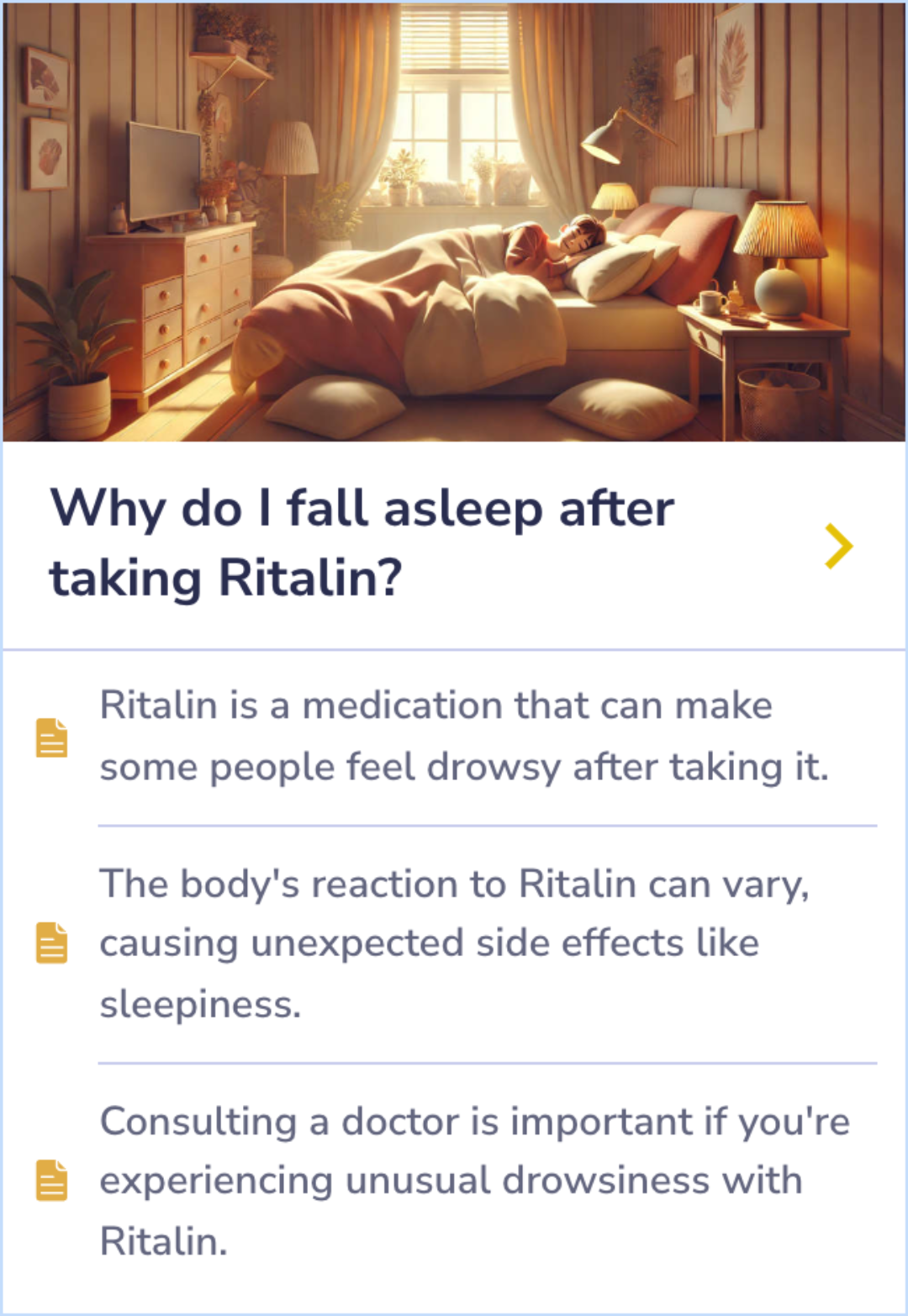 Summary Card discussing how Ritalin can cause unexpected drowsiness in some individuals despite its stimulant properties, with a note on seeking medical advice if such side effects occur.