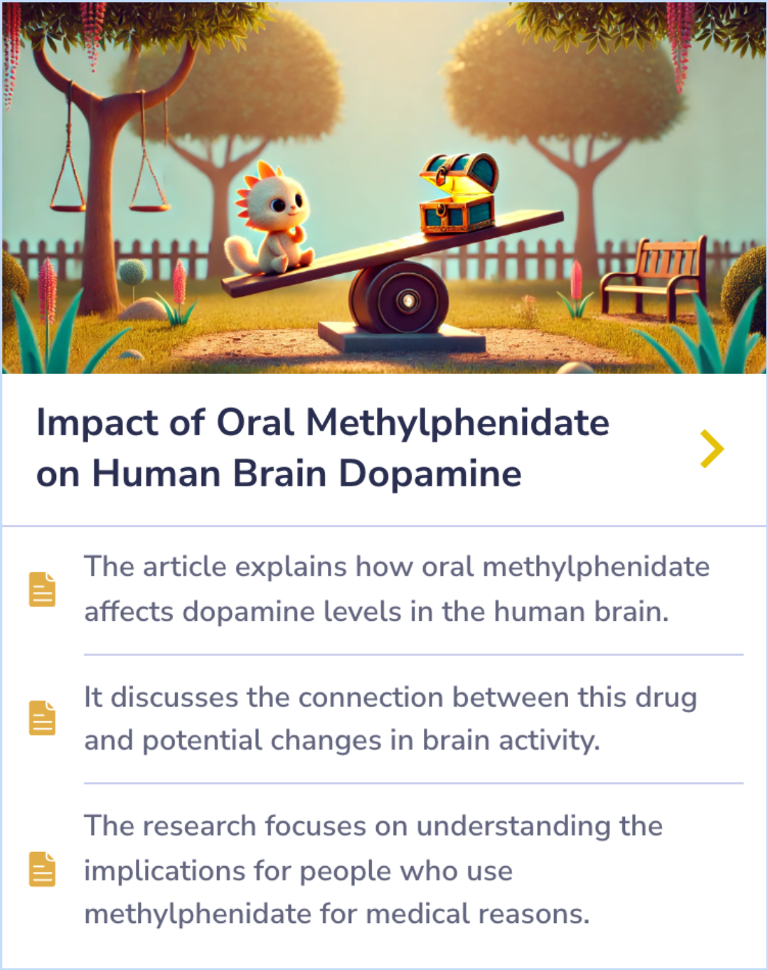 Summary Card detailing the cognitive effects of methylphenidate on boys with AD/HD, highlighting improvements in spatial WM and visual search tasks.
