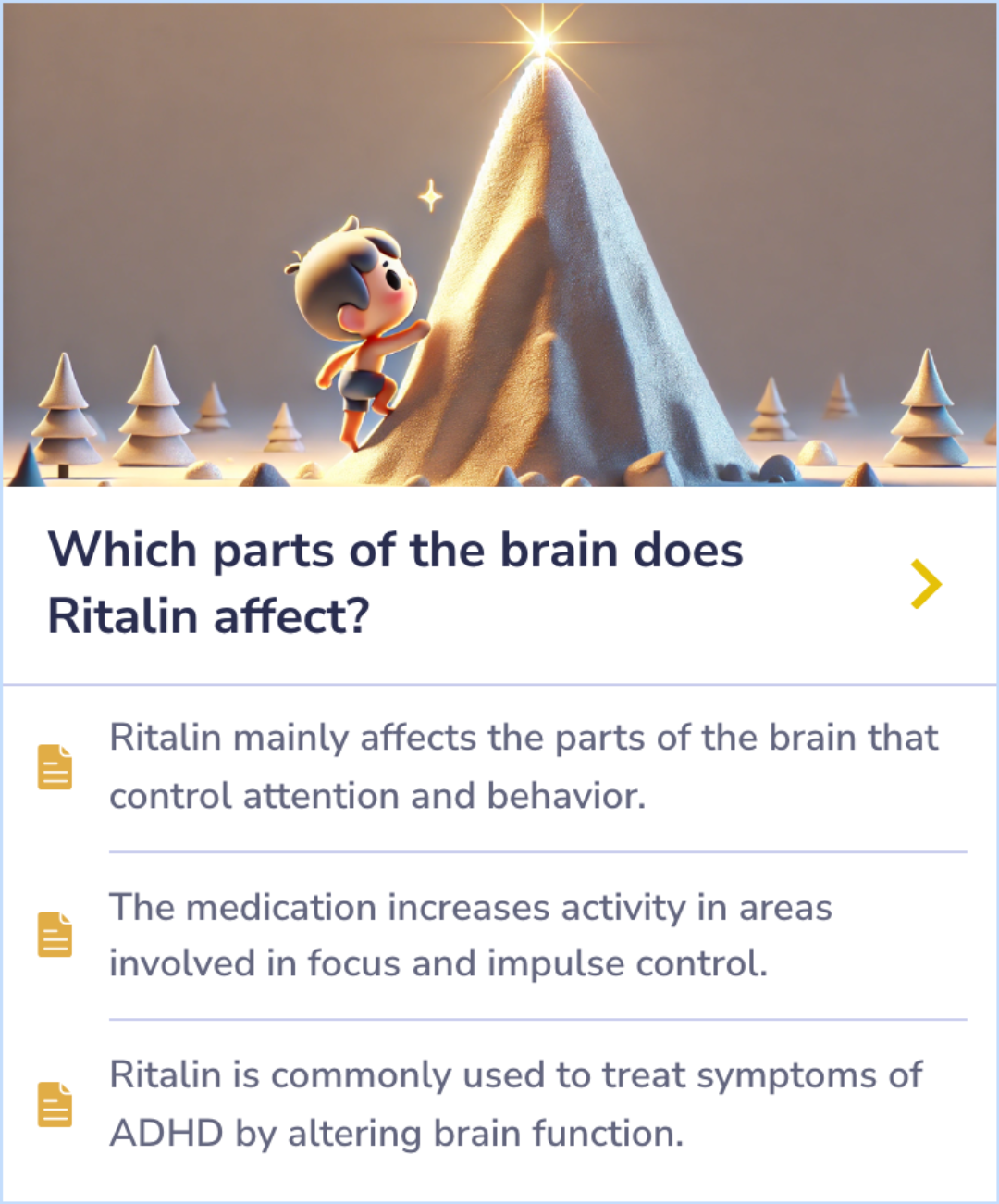 Summary Card showing how Ritalin affects brain areas tied to attention and behavior, increasing activity to improve focus and control in ADHD patients.