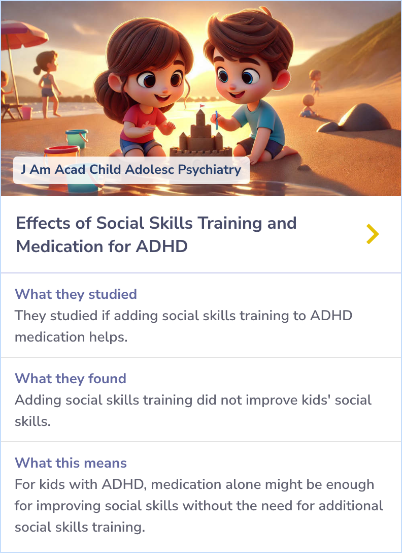Summary card comparing the effects of methylphenidate combined with multimodal psychosocial intervention versus methylphenidate alone on social functioning in children with ADHD.
