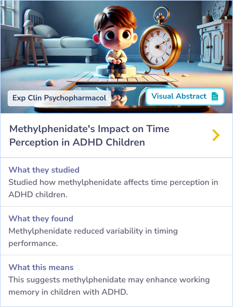 Summary card showing the effects of methylphenidate on timing performance in children with ADHD. Highlights include reduced timing variability, more consistent lever holds of 10-11 seconds, and fewer extremely short holds.