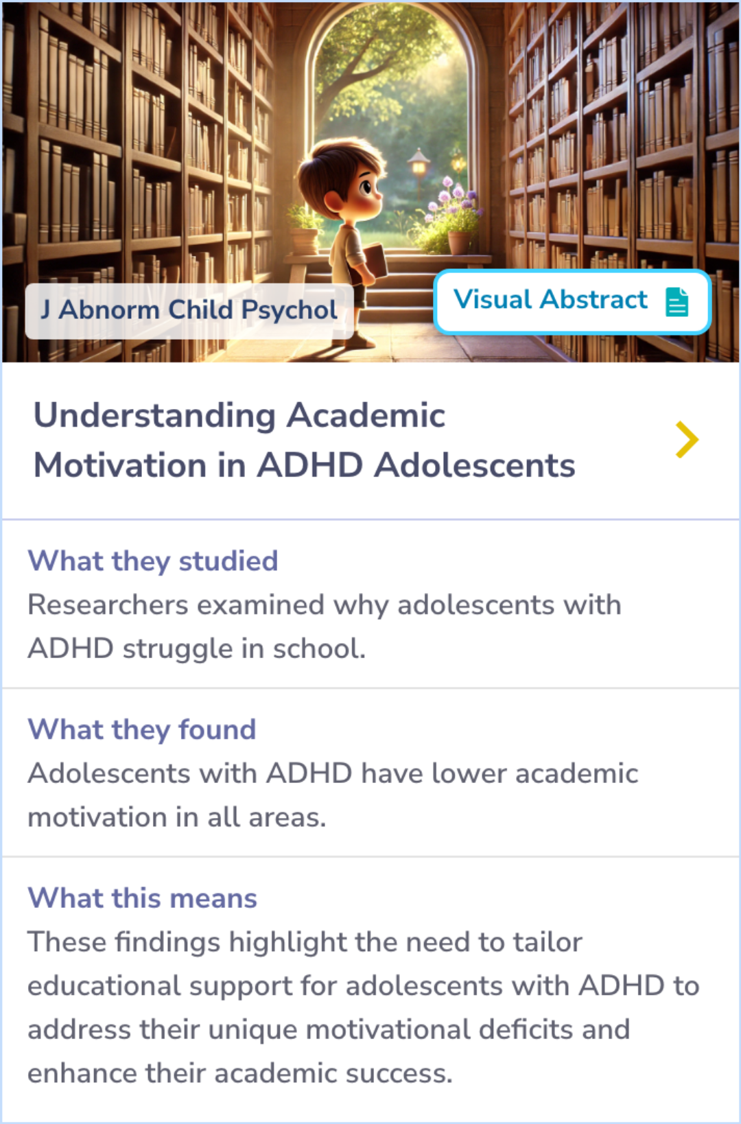 Summary Card discussing academic motivation differences between adolescents with and without ADHD, highlighting lower intrinsic and extrinsic motivation in ADHD students.