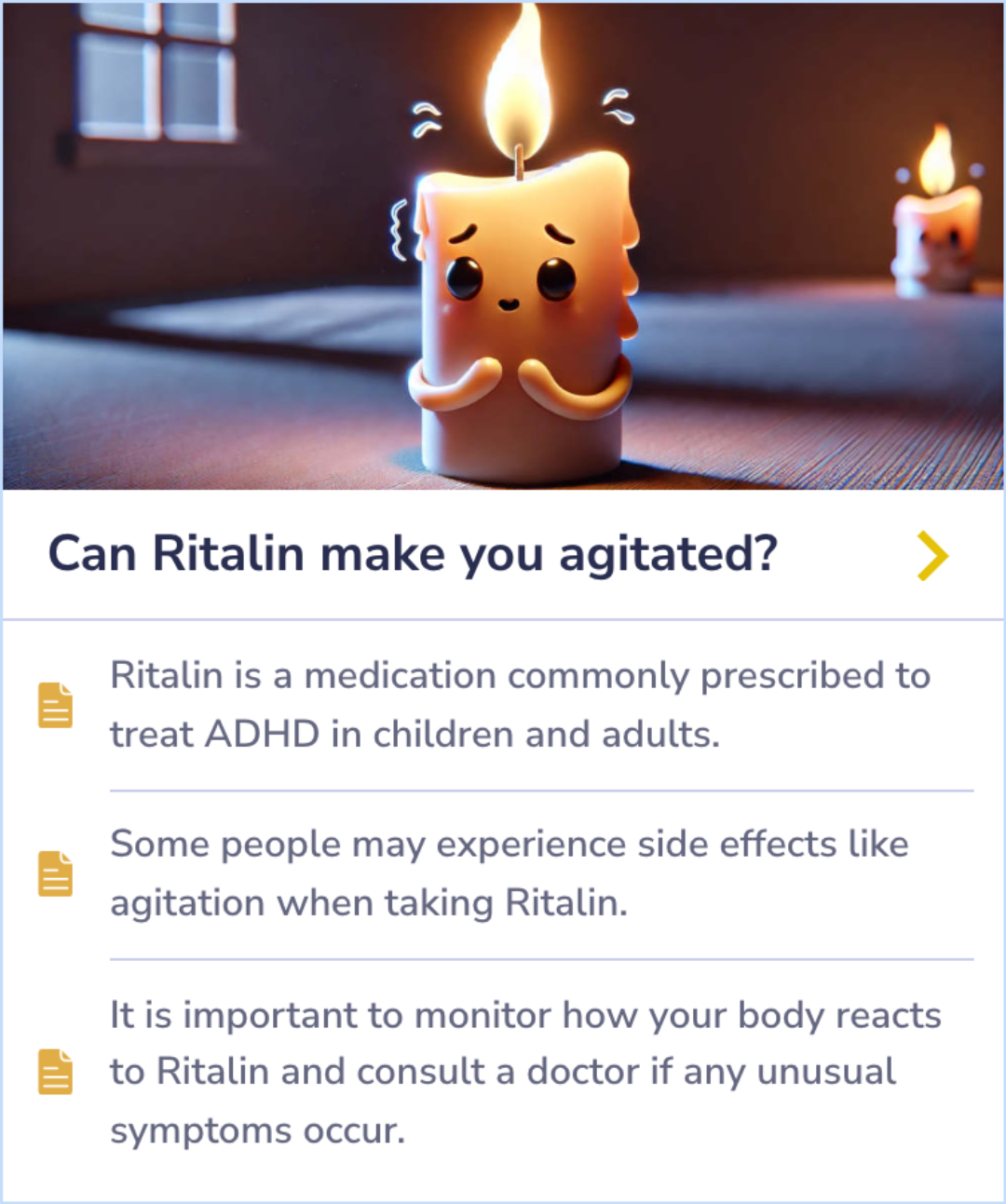 A summary card explaining the importance of monitoring side effects like agitation while taking Ritalin for ADHD treatment.