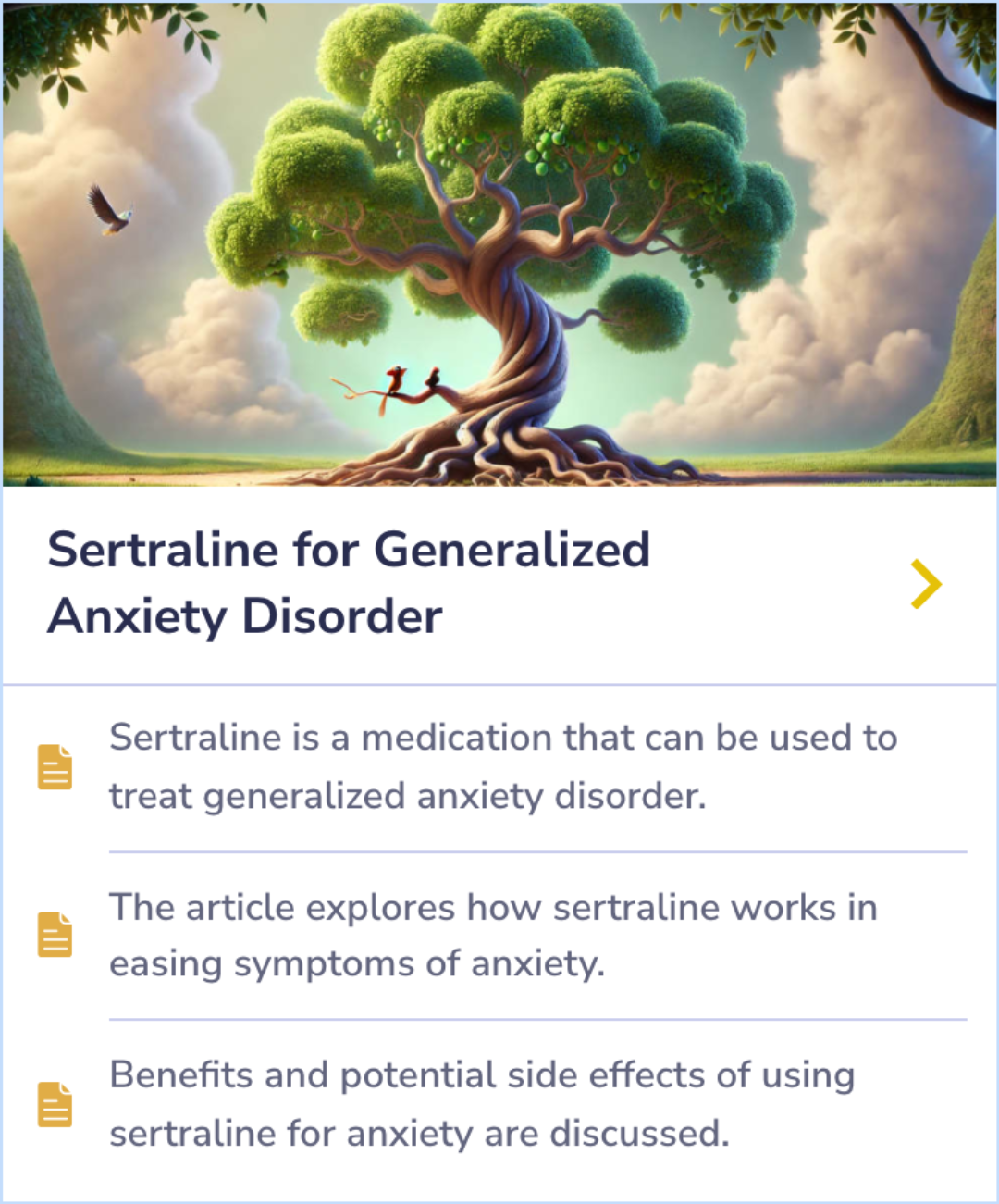 Summary Card on the use of sertraline for treating generalized anxiety disorder, exploring its role in symptom relief, benefits, and possible side effects.