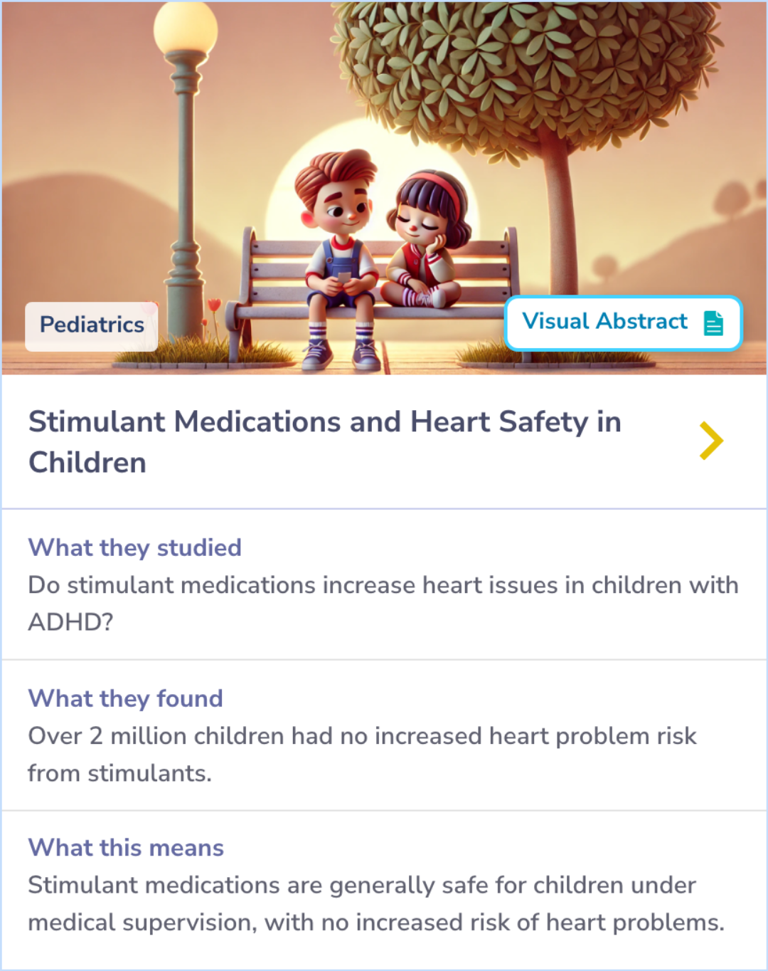 Summary Card comparing cardiac risks for children and adolescents using methylphenidate or amphetamine salts based on Florida Medicaid data, revealing similar risk levels for emergency heart-related visits.