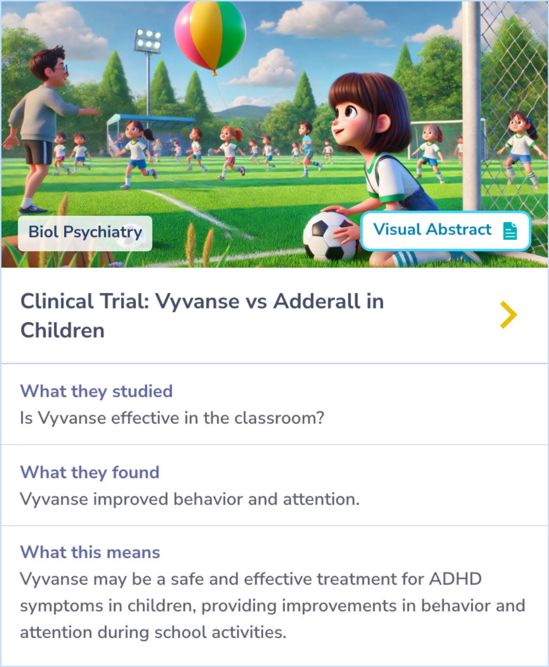A summary card comparing the efficacy and safety of lisdexamfetamine and mixed amphetamine salts extended-release in treating ADHD symptoms in children. This card highlights the key outcomes of the study, showing significant improvements in attention and performance with both treatments.