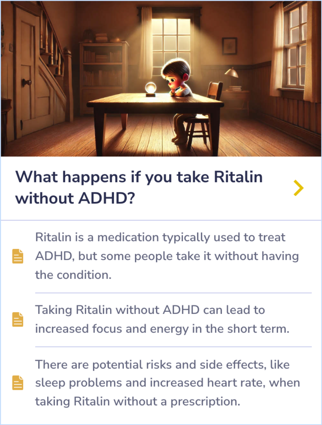 Summary Card on Ritalin's effects when taken without ADHD, detailing focus benefits and associated risks such as heart issues and sleep disturbances.