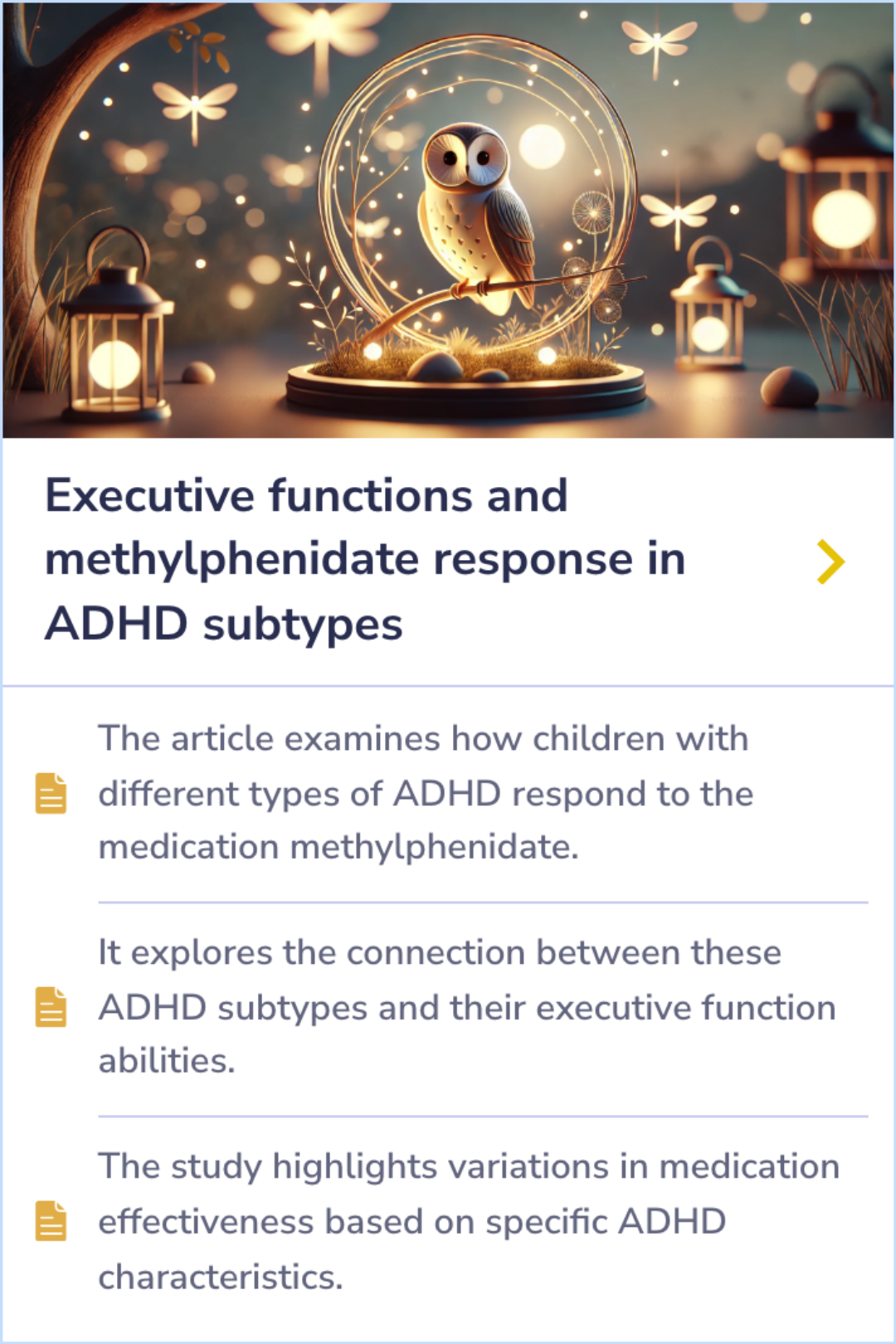 A Summary Card exploring a comparative analysis of dosage and its effects in controlled trials for adult ADHD treatment, highlighting key data from the study.