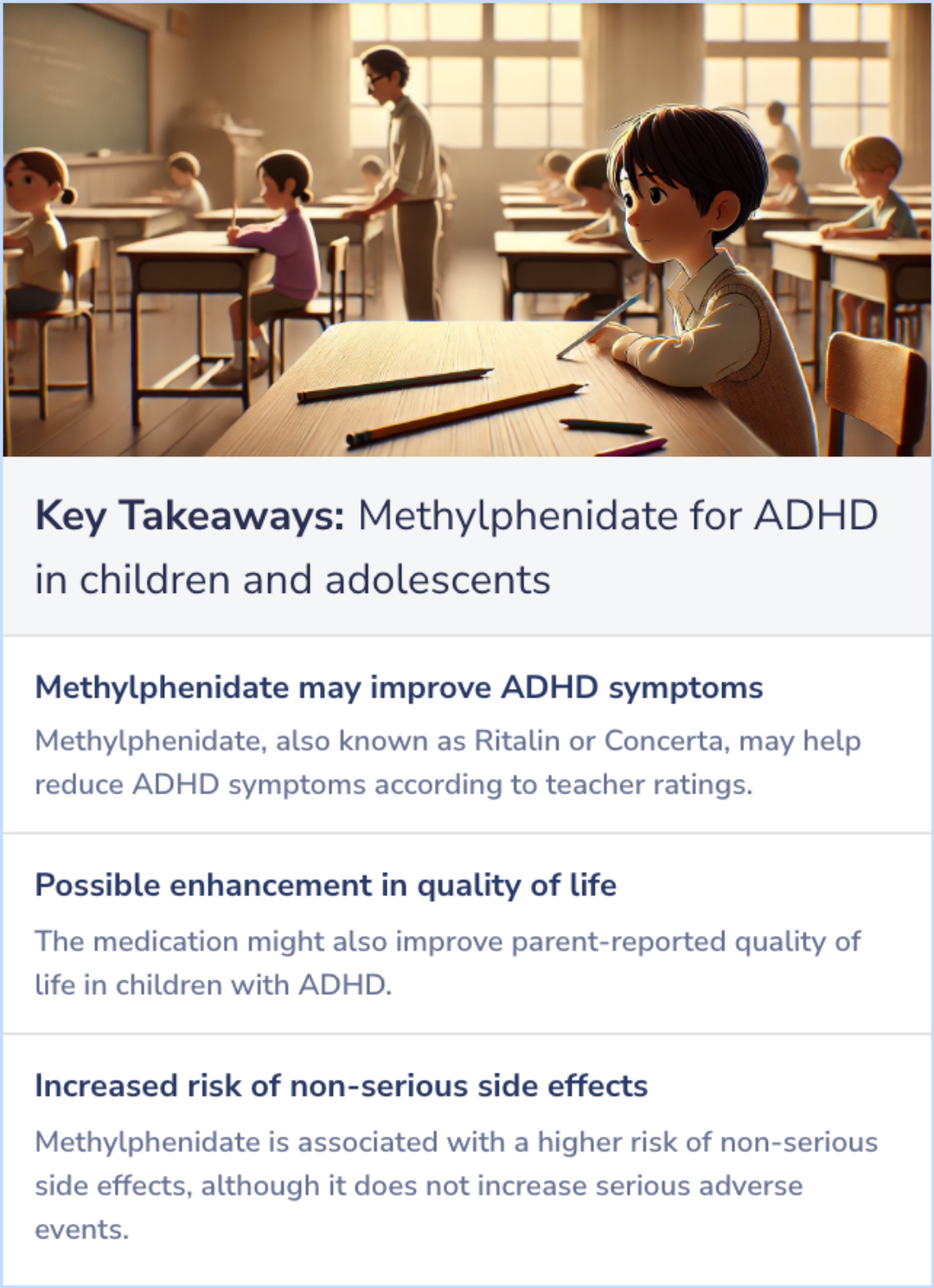Key Takeaways for Methylphenidate for attention-deficit/hyperactivity disorder in children and adolescents: Cochrane systematic review with meta-analyses and trial sequential analyses of randomised clinical trials