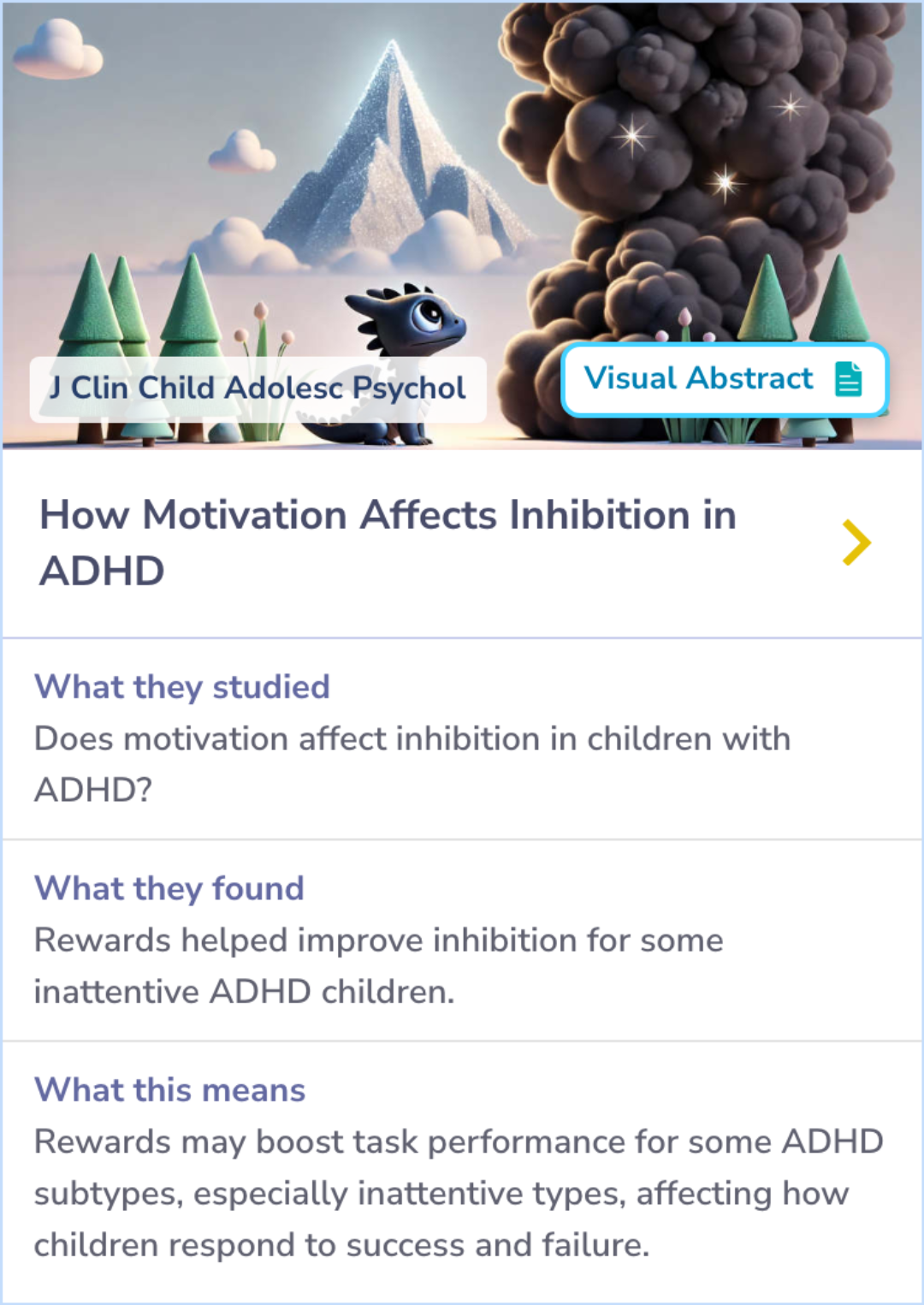 Summary Card for a study investigating motor inhibition and reward response in children with different ADHD subtypes, highlighting shared challenges and subtype-specific differences.