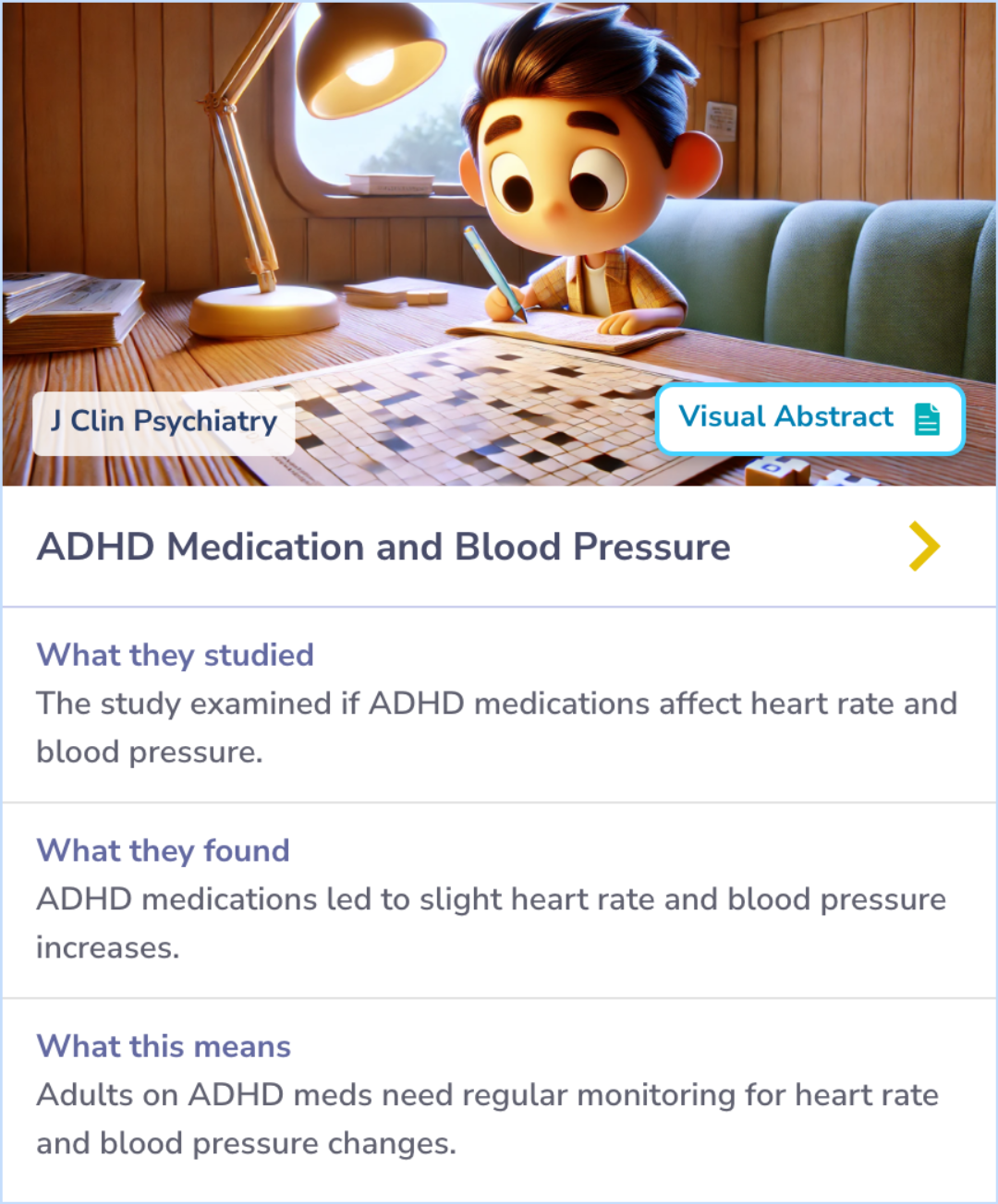 Summary Card detailing study findings on the cardiovascular effects of ADHD medications in adults, showing significant changes in blood pressure and heart rate.