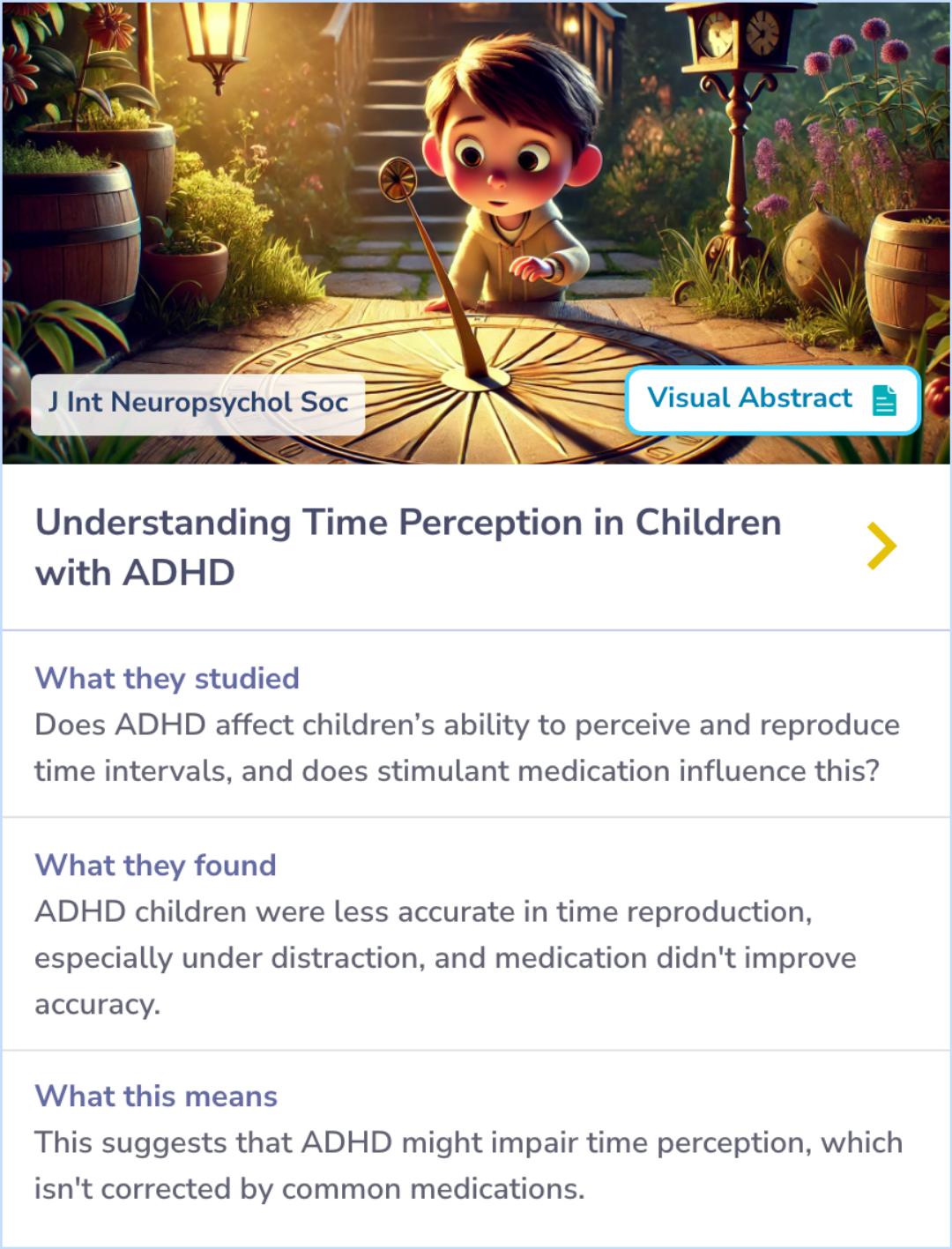 Summary Card showing that children with ADHD are less accurate in reproducing time intervals and that stimulant medication does not improve this accuracy.