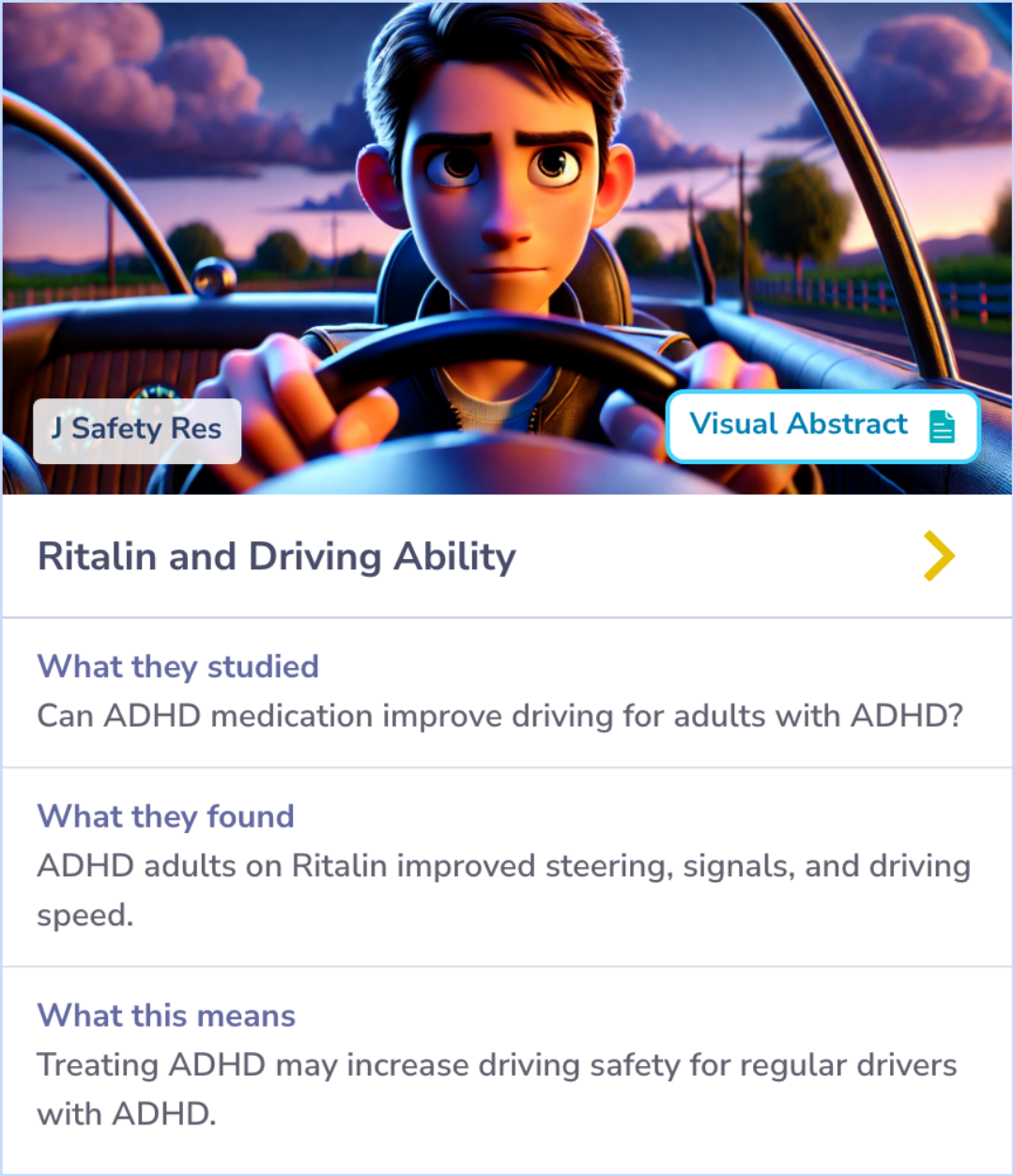 Summary Card illustrating a study where a virtual reality simulator showed improved driving skills in adults with ADHD when taking methylphenidate, highlighting better steering, turn signals, and speed control at higher doses.