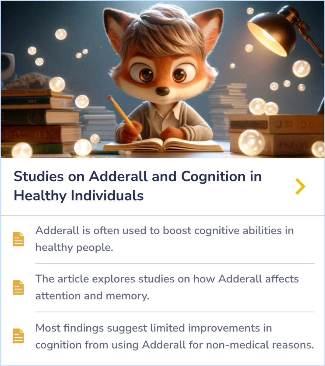 Summary Card on Adderall's impact on cognition in healthy people, discussing attention, memory, and effectiveness.