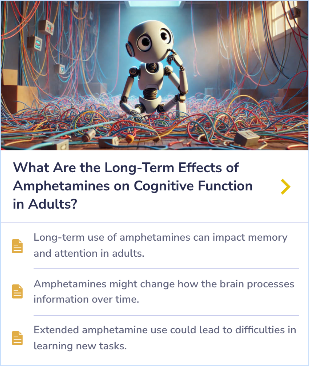 Summary Card discussing how prolonged amphetamine use in adults impacts memory, attention, and information processing.