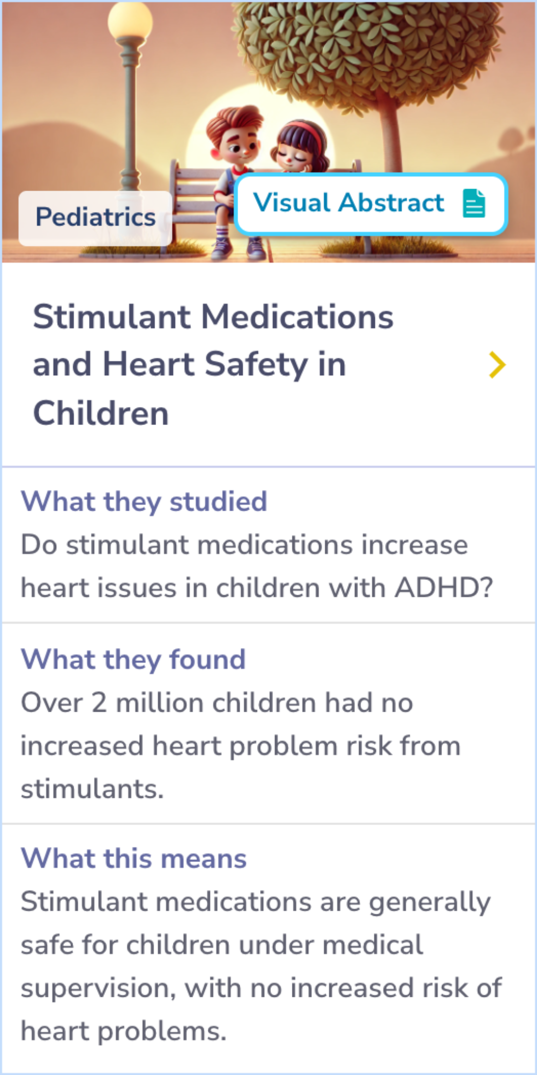 Summary Card comparing cardiac risks for children and adolescents using methylphenidate or amphetamine salts based on Florida Medicaid data, revealing similar risk levels for emergency heart-related visits.