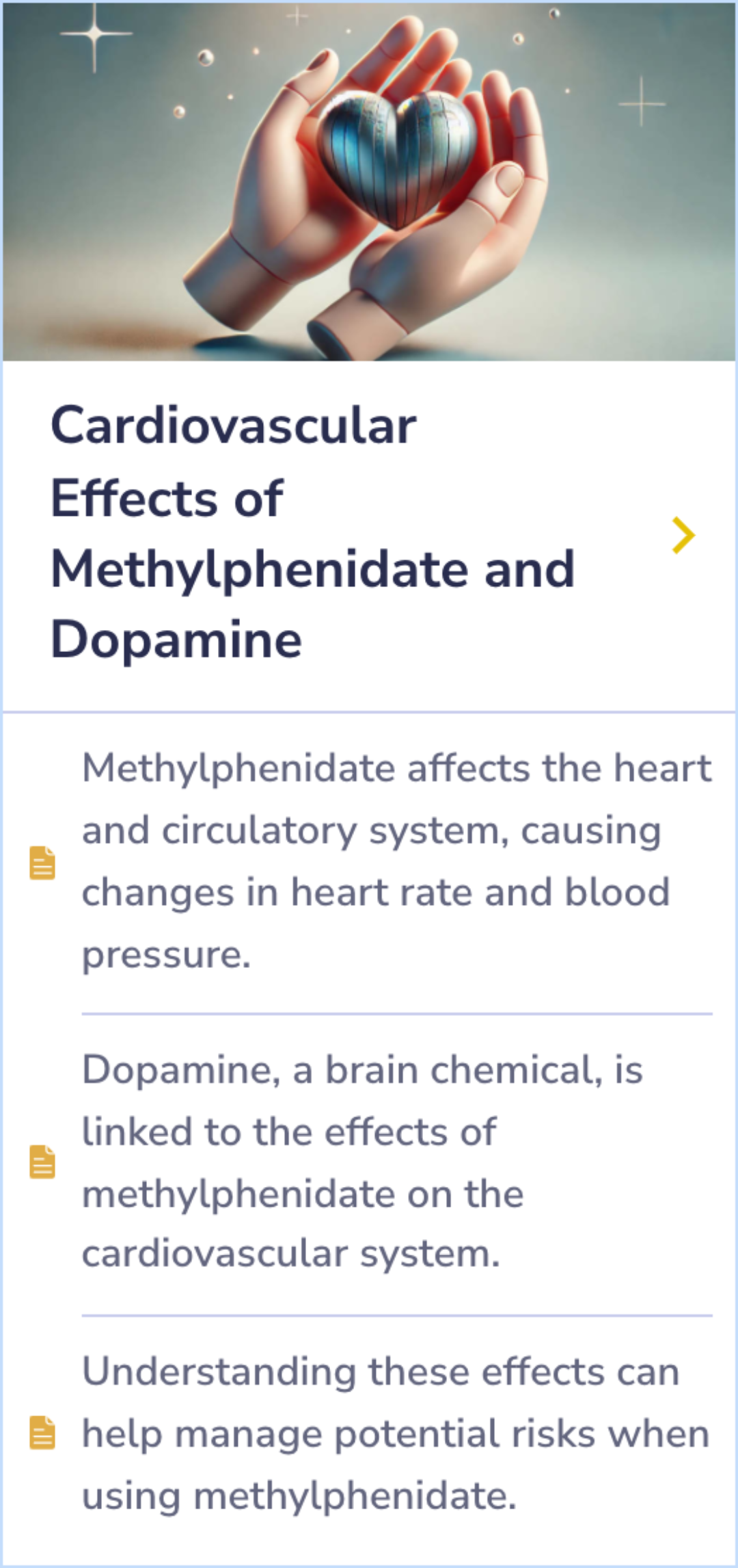 A summary card detailing how methylphenidate affects heart rate and blood pressure, emphasizing the role of dopamine and the importance of monitoring cardiovascular health.