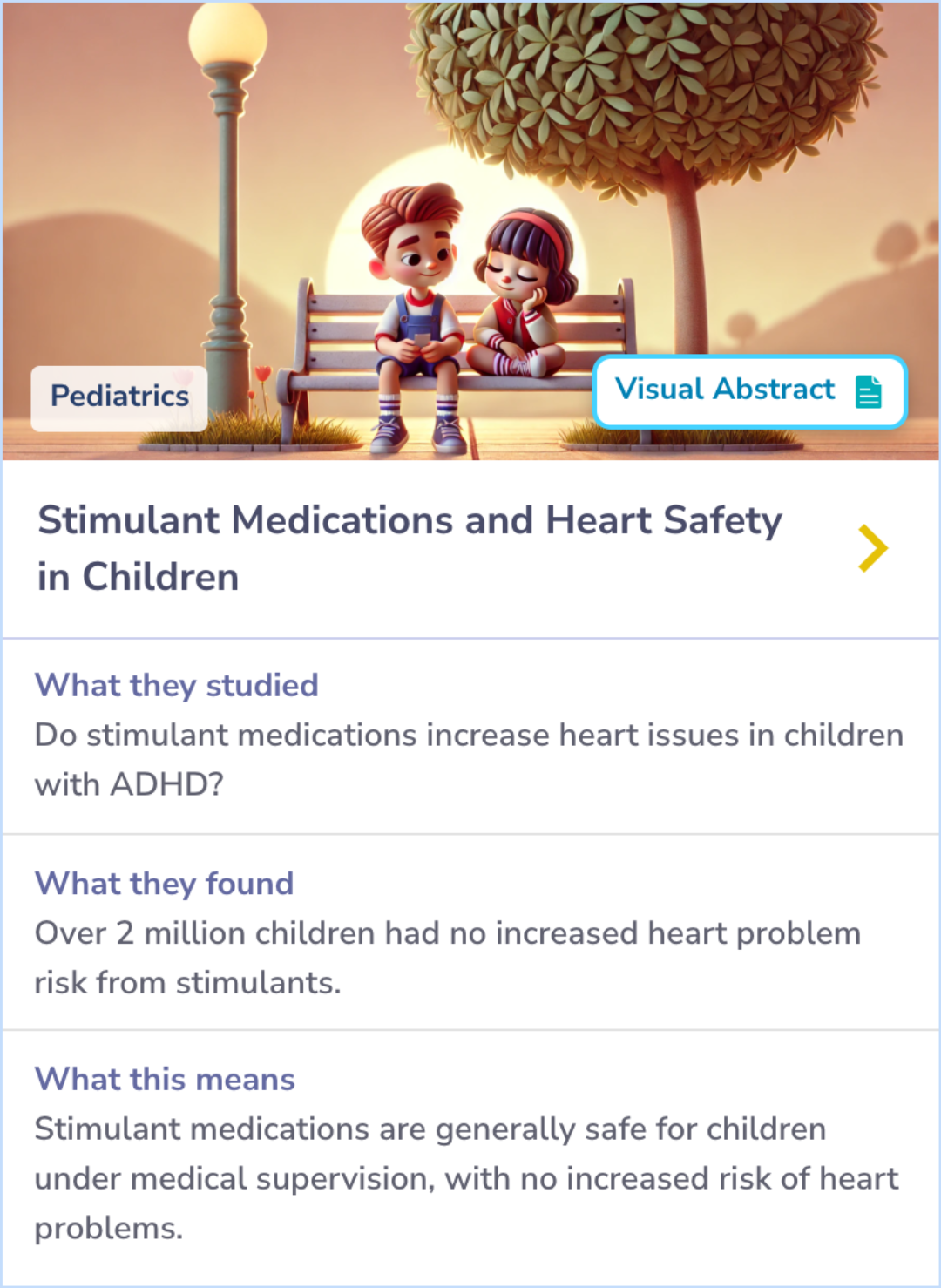 Summary Card comparing cardiac risks for children and adolescents using methylphenidate or amphetamine salts based on Florida Medicaid data, revealing similar risk levels for emergency heart-related visits.