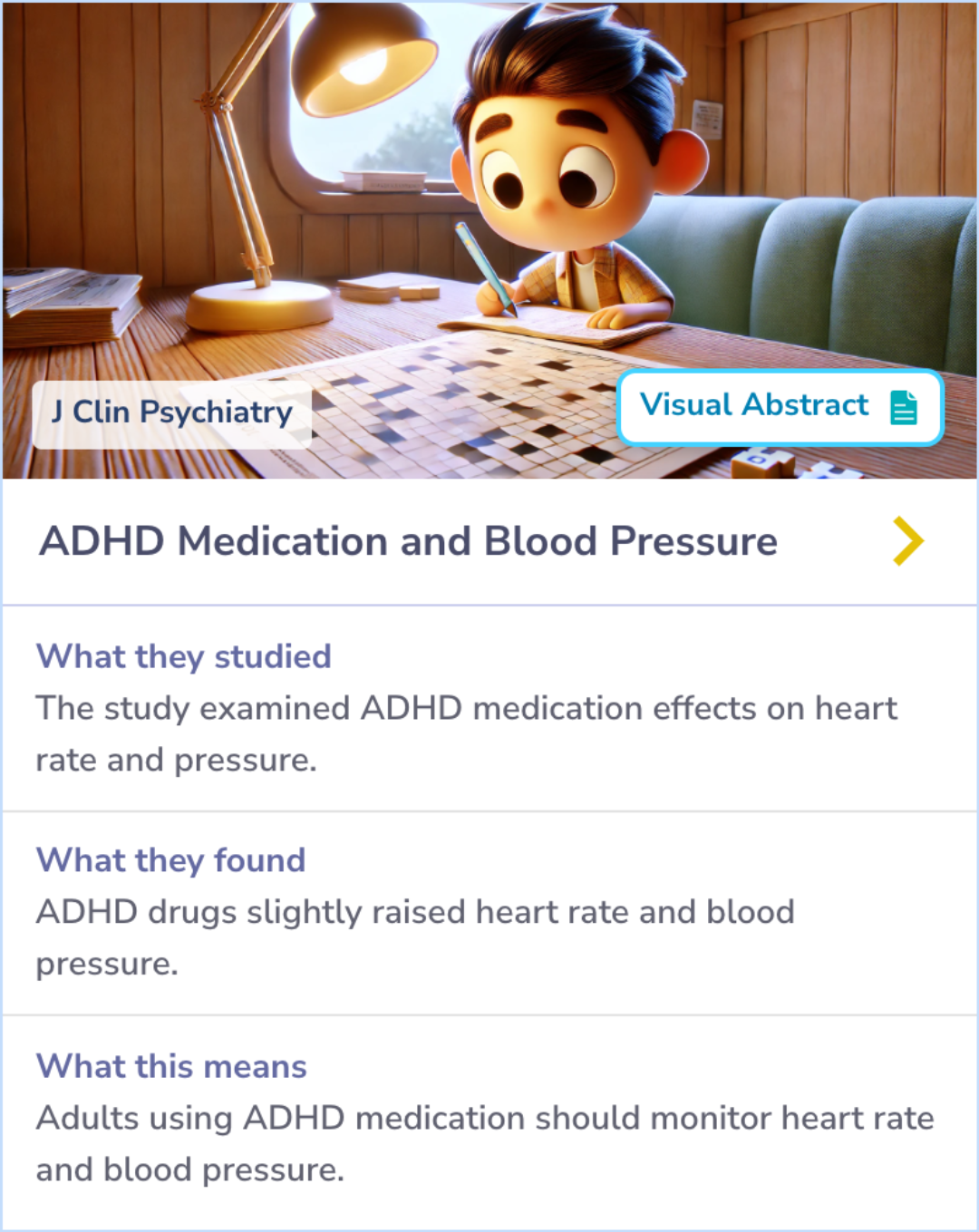 Summary Card discussing the impact of ADHD medications on cardiovascular health, revealing minor but significant changes in heart rate and blood pressure.