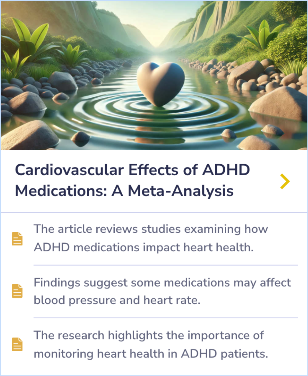 Summary Card on the impact of ADHD medications on heart health, focusing on blood pressure and heart rate changes and the need for cardiovascular monitoring.