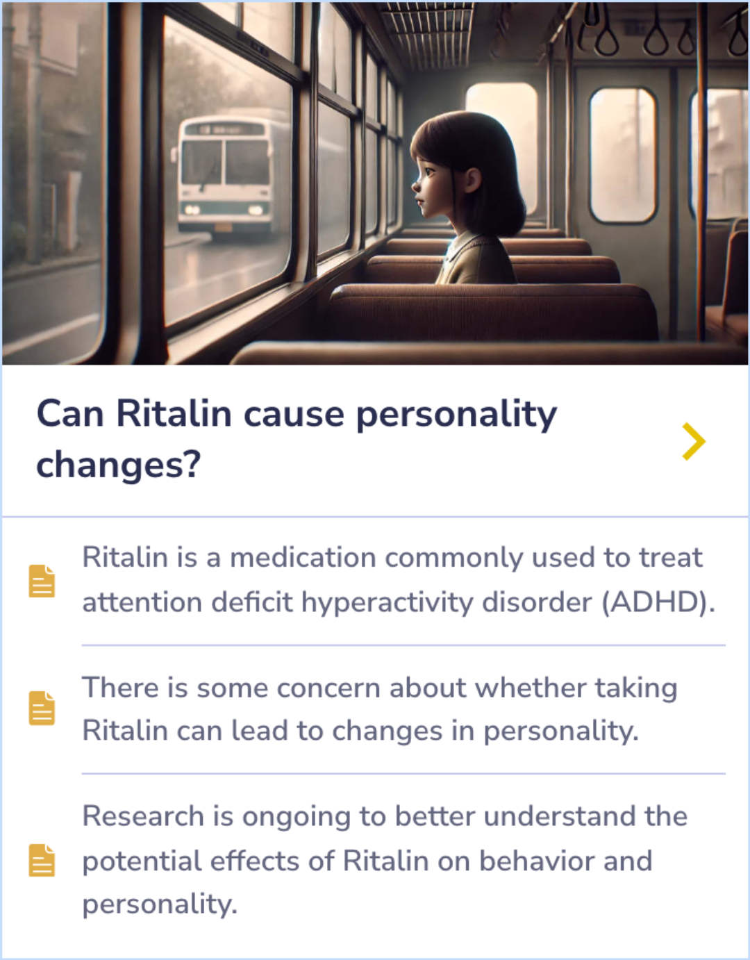 Summary Card discussing research on Ritalin's impact on personality and potential changes in behavior for individuals with ADHD.