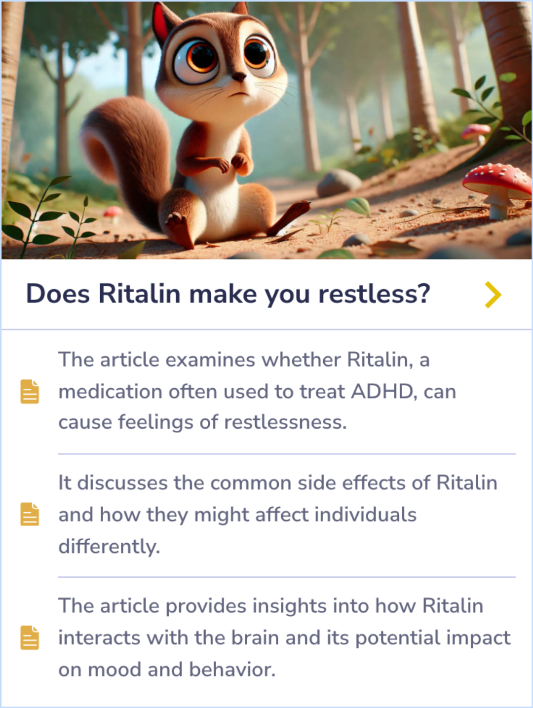 Summary Card exploring Ritalin’s potential to cause restlessness and how it affects behavior, mood, and brain interactions.