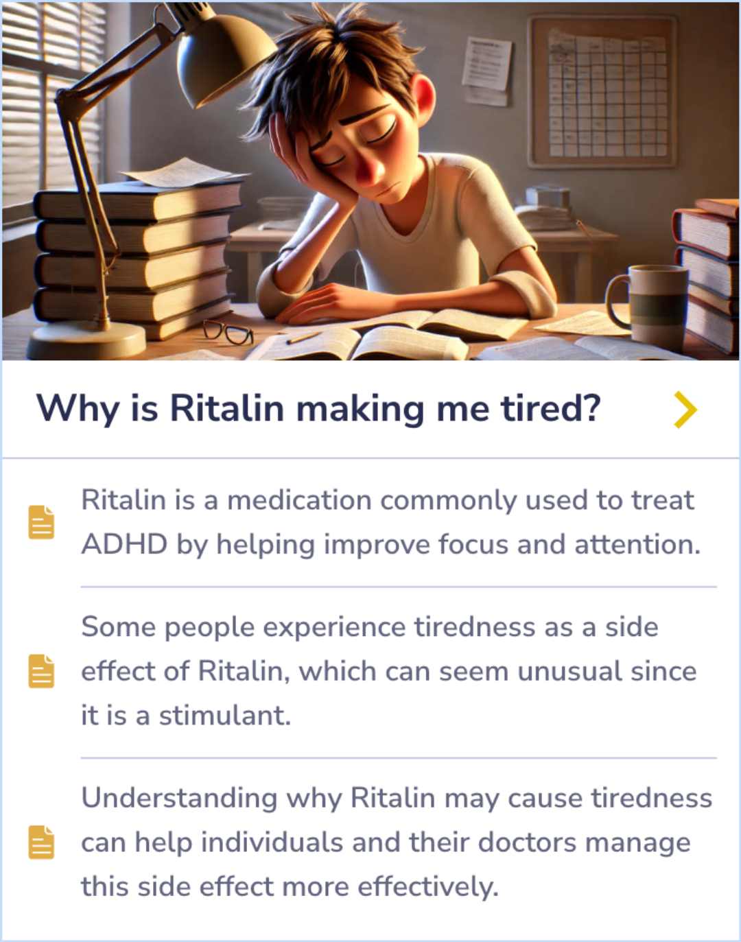 Summary Card on Ritalin's unexpected tiredness as a side effect in ADHD treatment, detailing its stimulant role and potential fatigue in users.
